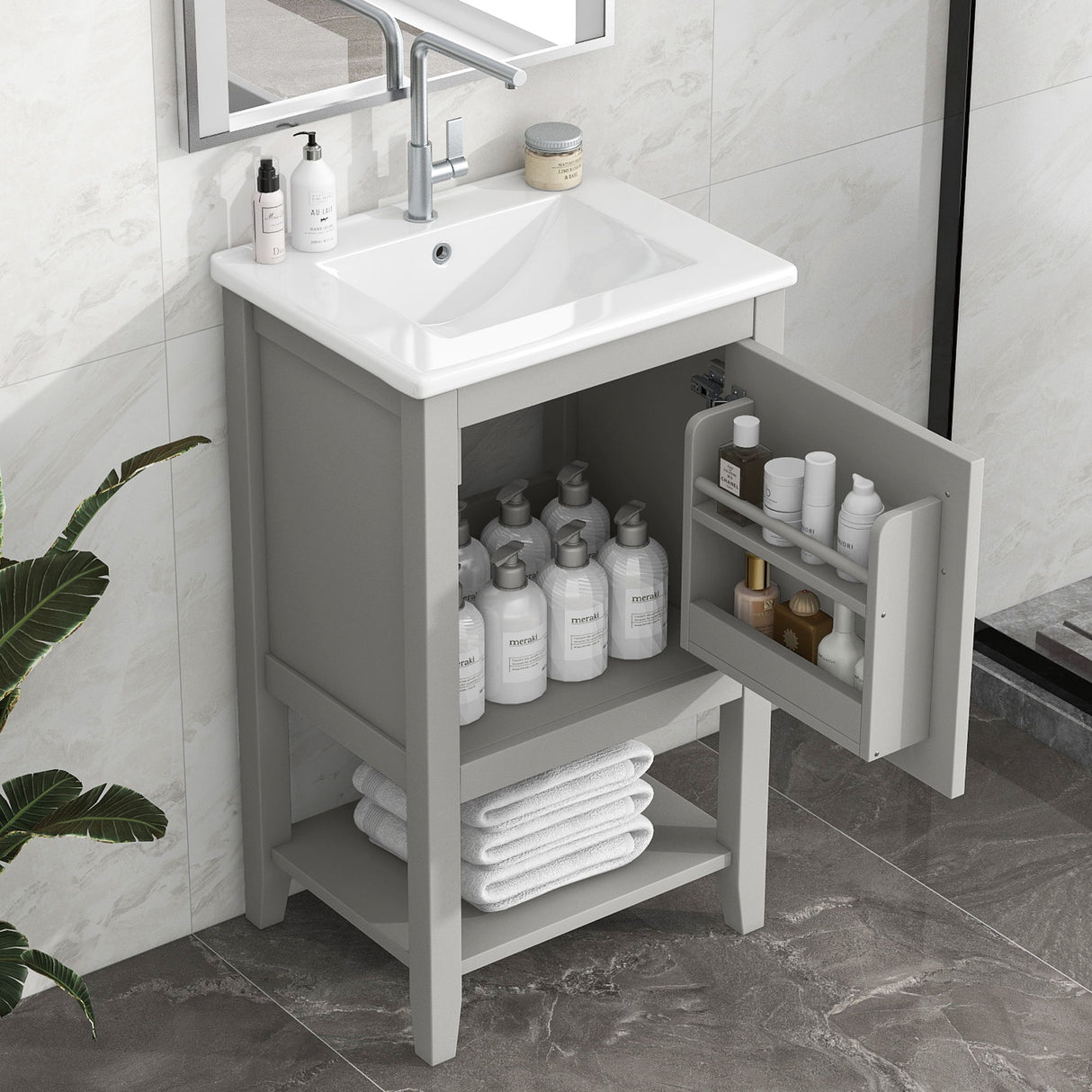 Modern Bathroom Vanity With Sink, Soft-Closing Door And Open Shelf