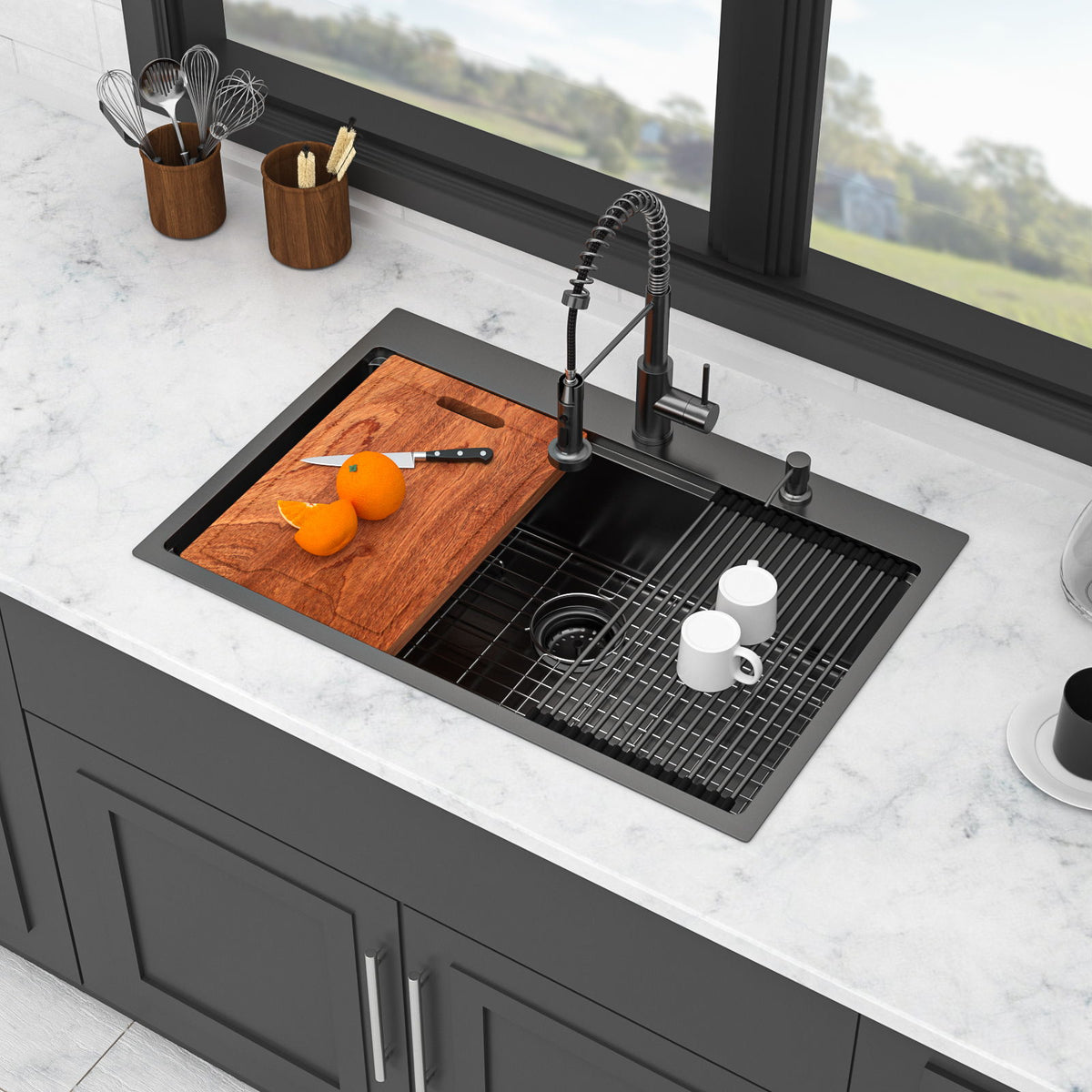 Drop In Kitchen Sink With Pull Out Faucet And Soap Dispenser, Single Bowl Topmount Sink - Gunmetal Black