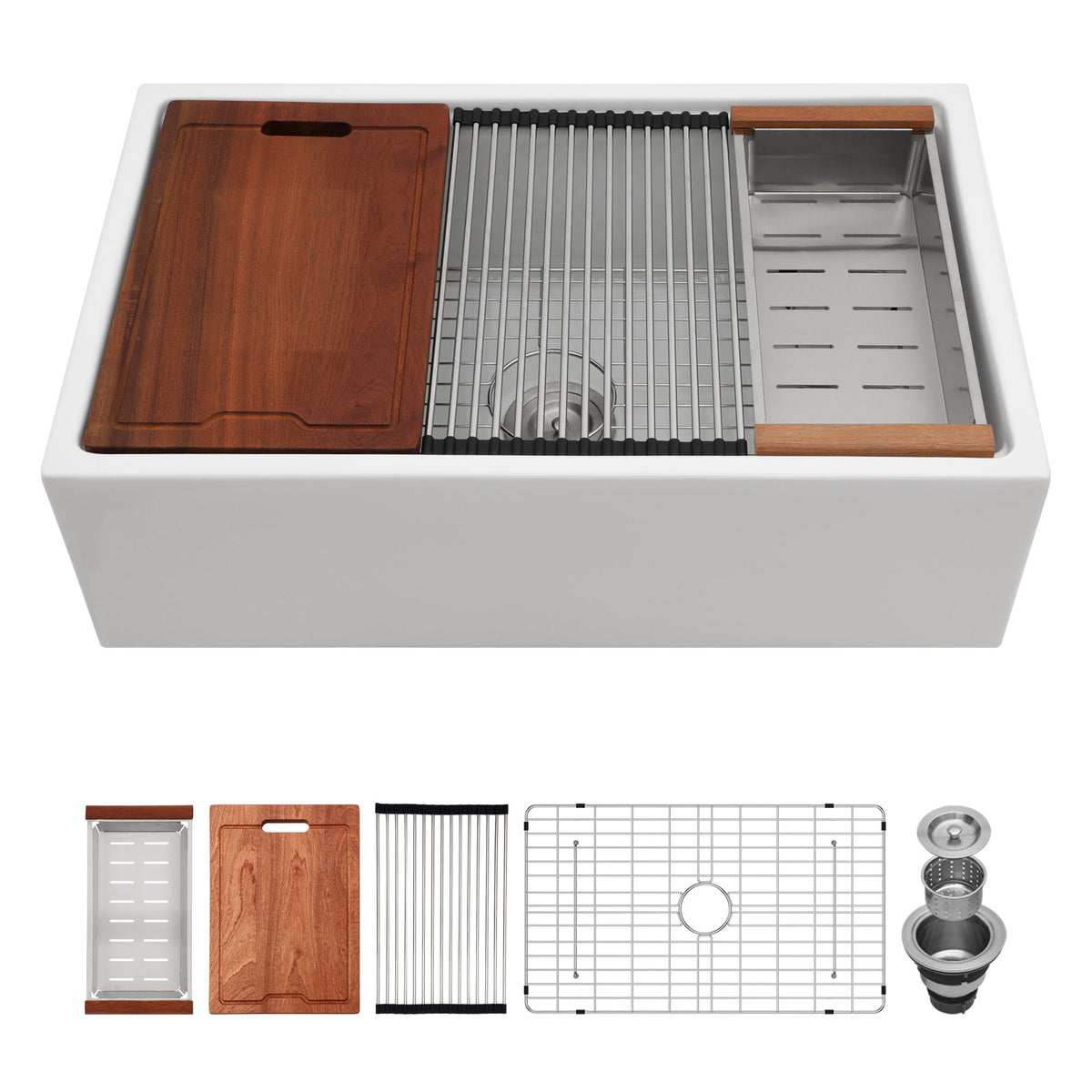 Farmhouse Sink Workstation, Ceramic Single Bowl With Accessories