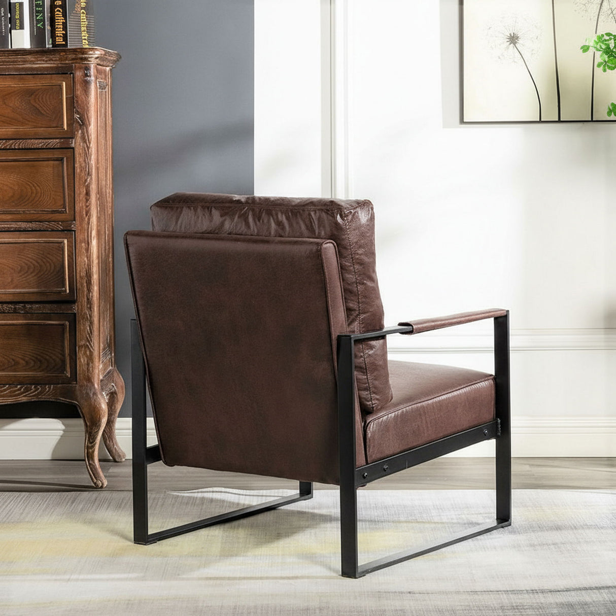 Classic Mid Century Modern Accent Chair With Durable Square Metal Frame, Armchair