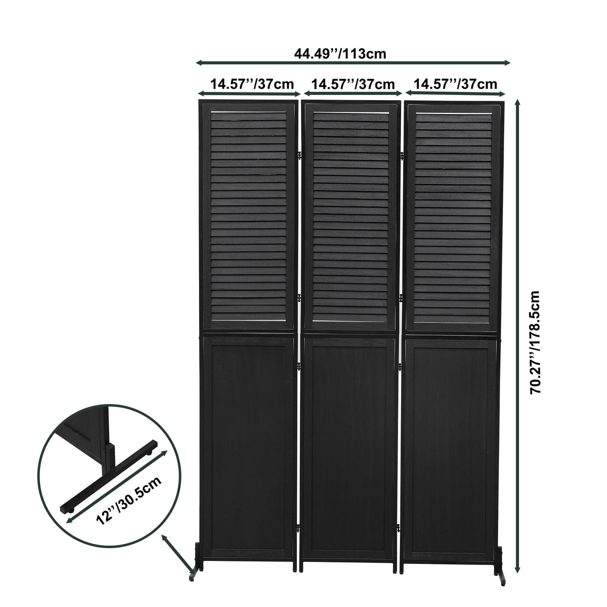 Rustic 3 Panel Room Divider 6Ft Wood Folding Privacy Screen With Metal Frame And Louver Design - Black