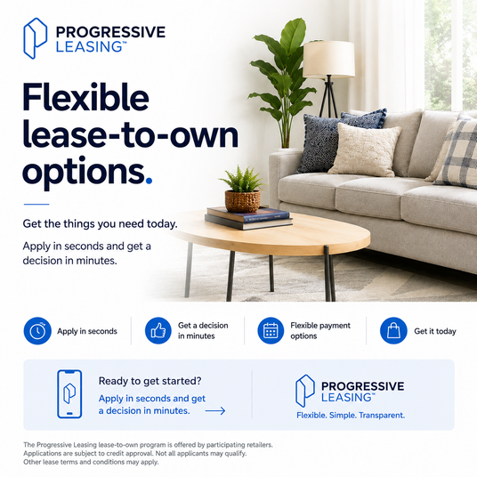 A promotional banner for Progressive Leasing advertising flexible lease-to-own options. The top half features the brand name and logo on a white background with text about flexible lease-to-own options.