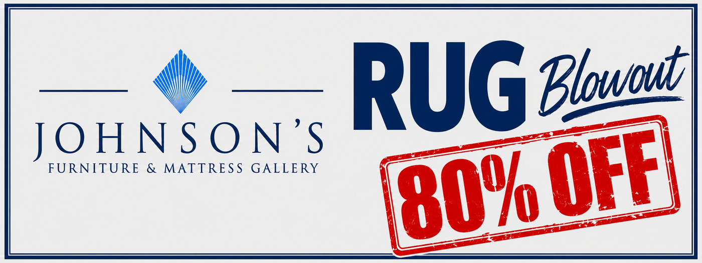 Promotional banner for Johnson's Furniture & Mattress Gallery advertising a 'RUG Blowout' with '80% OFF' in a red stamp graphic.