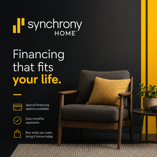 Synchrony Home advertisement featuring a modern gray armchair with a mustard yellow pillow in a styled interior setting, set against a dark gray wall with yellow accents and promotional text.