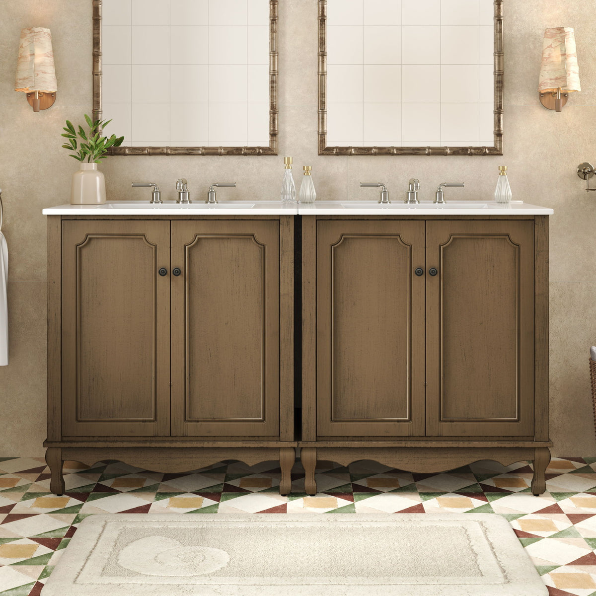Vintage Double Sink Bathroom Vanity Set With Ceramic Sinks