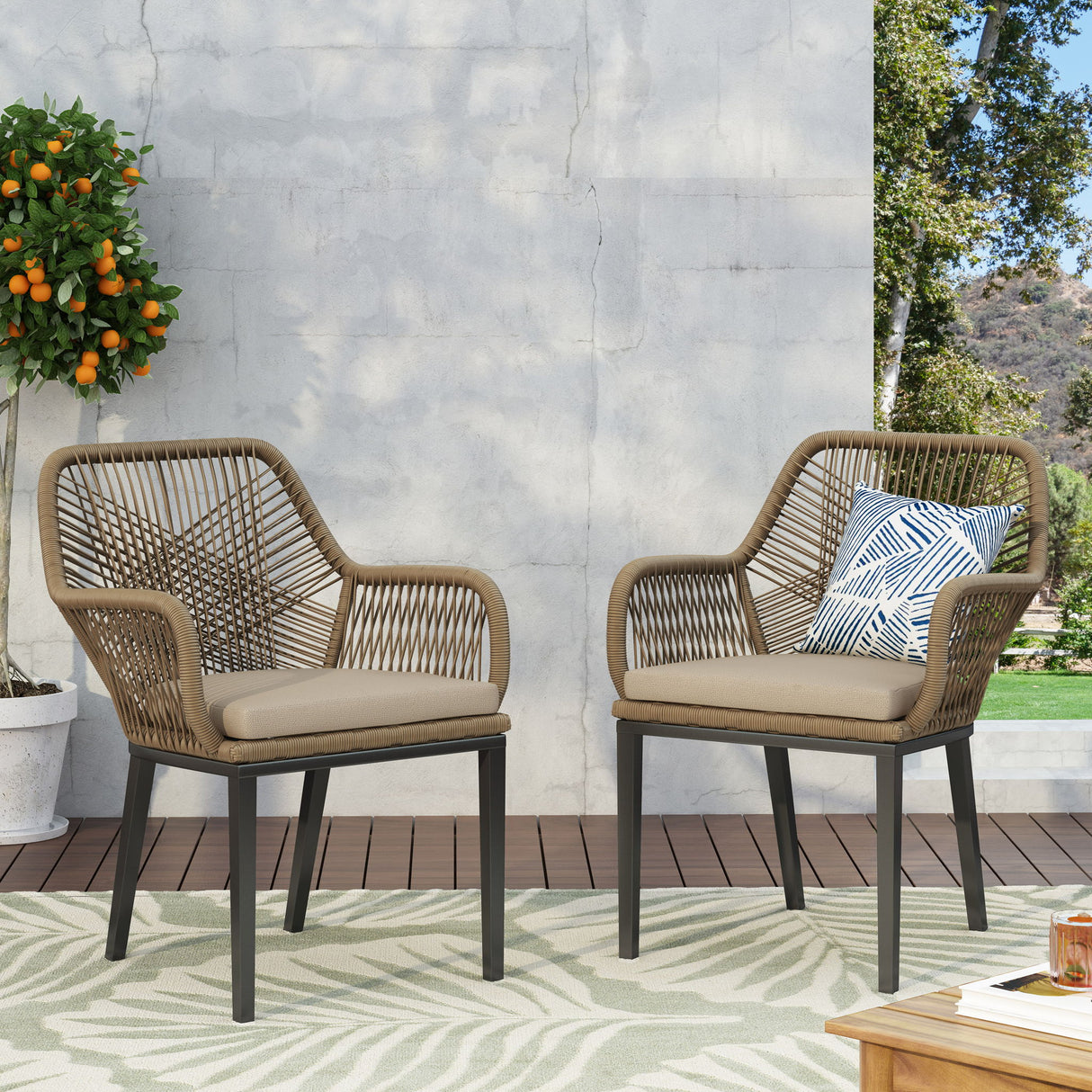Modern Wicker Dining Club Chair With Water Resistant Cushions - Brown / Beige