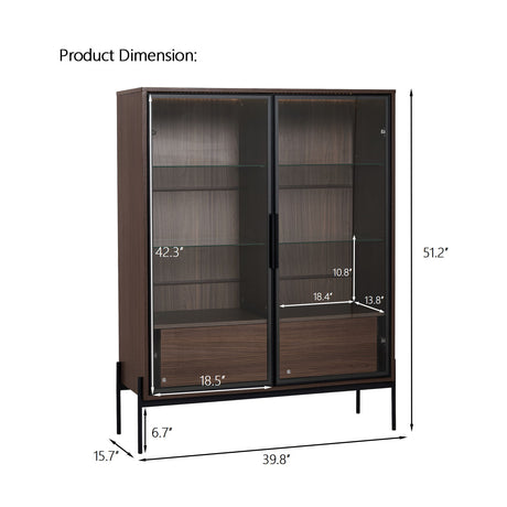 Modern Minimalist Style LED Curio Cabinet With Tempered Glass Door, Metal Legs