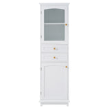 Tall Bathroom Storage Cabinet With Glass Doors, Free-Standing, Two Drawers, And Adjustable Shelves, Board, Painted Perfect For Displaying Your Favorite Items