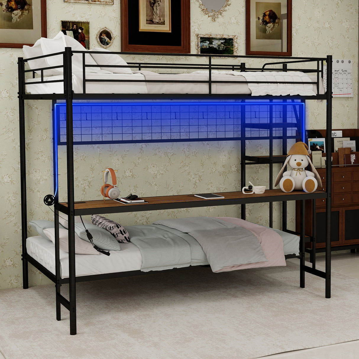 Bunk Bed With Built In Desk And LED Lighting