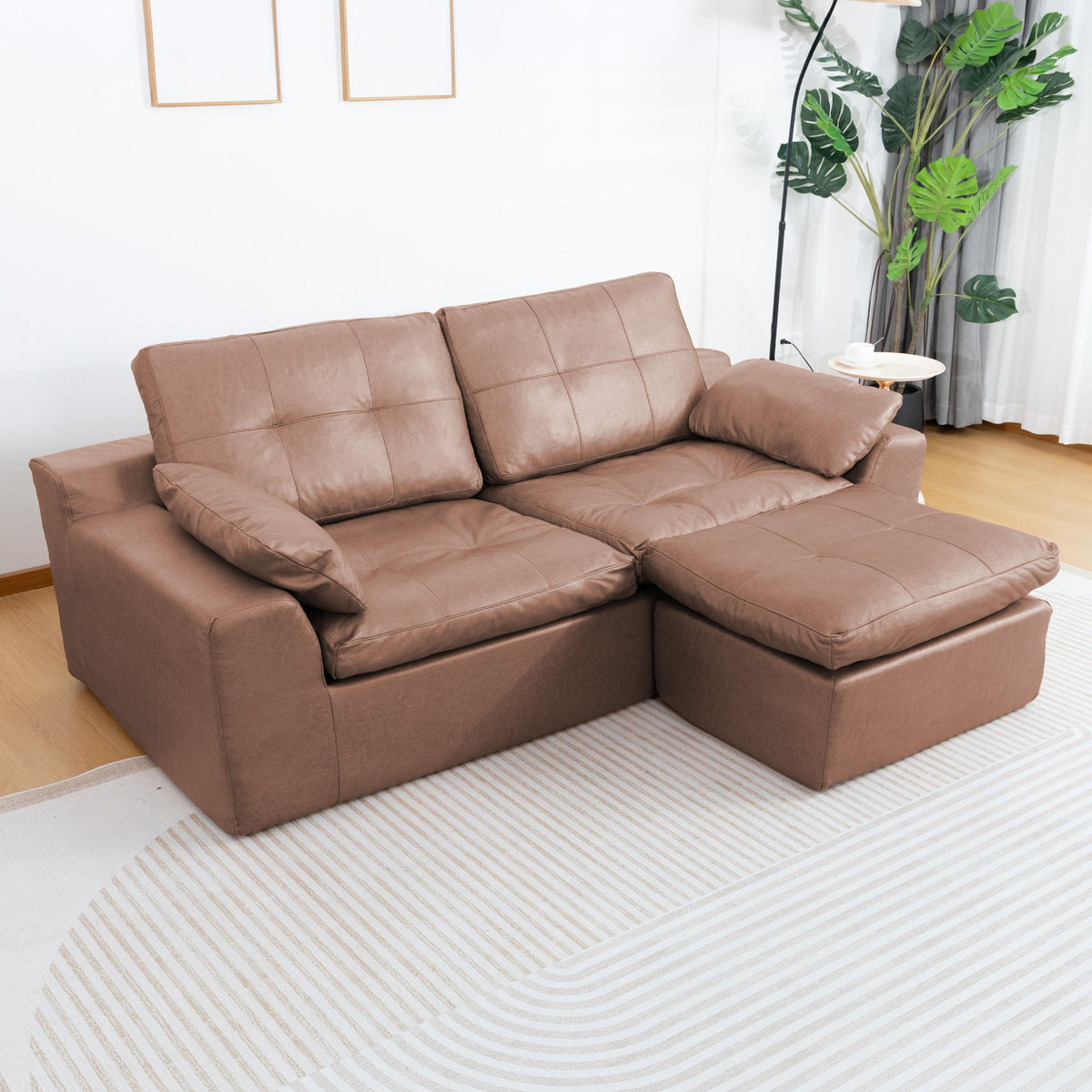 L - Shaped Modular 2 Seater Sofa With Movable Ottoman And High Density Sponge Cushions For Living Room