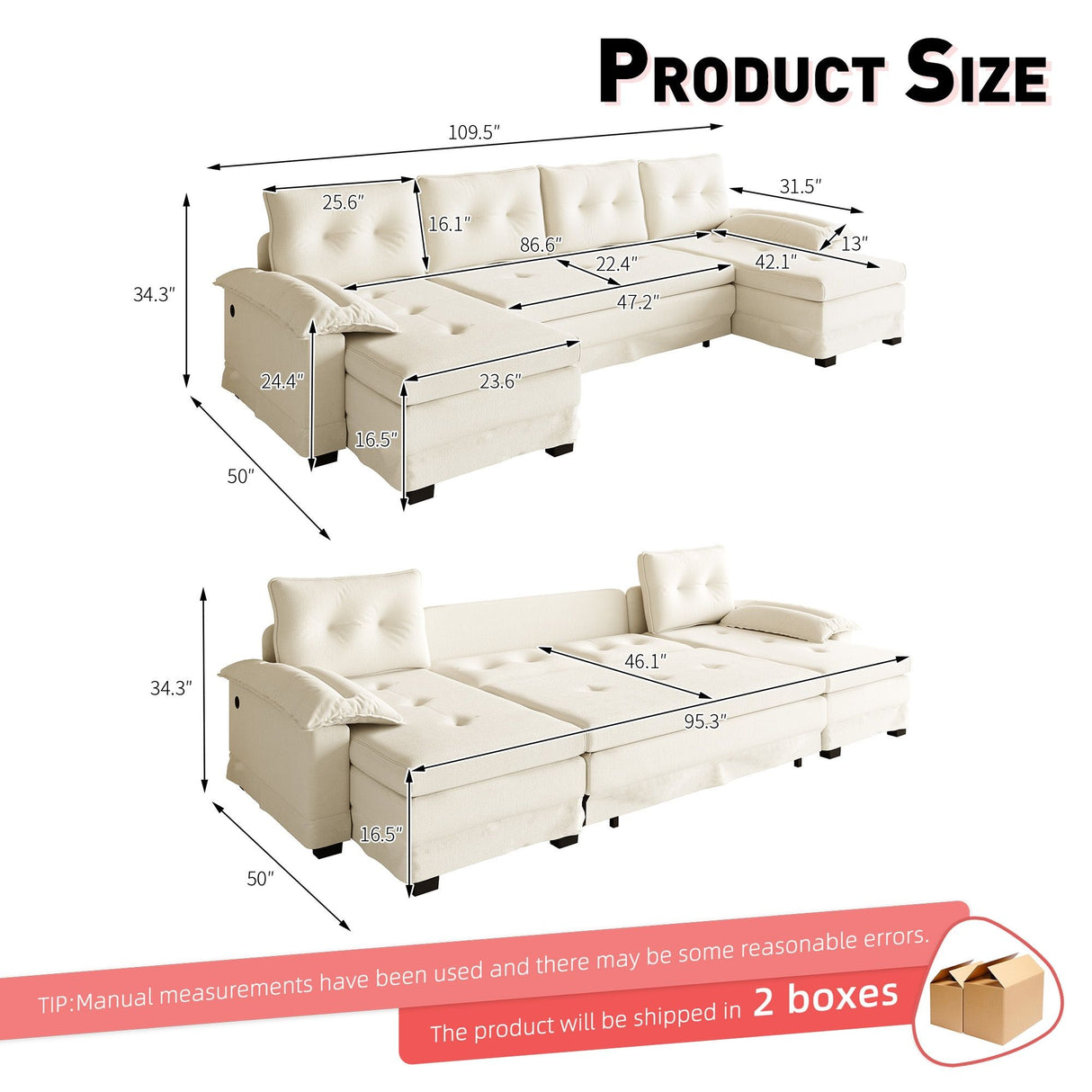 U-Shaped Sleeper Sofa With Pull Out Bed, Removable Armrests & USB Ports For Living Room