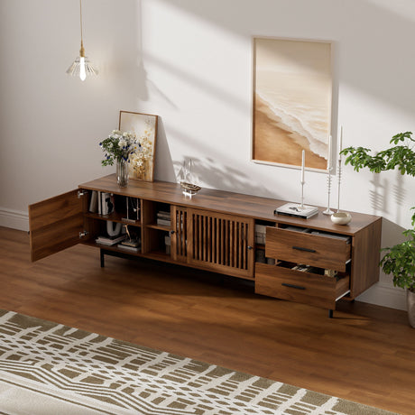 TV Stand, Media Console With 2 Drawers, Soft Closing Hinges, Adjustable Shelves, Slatted Design - Walnut