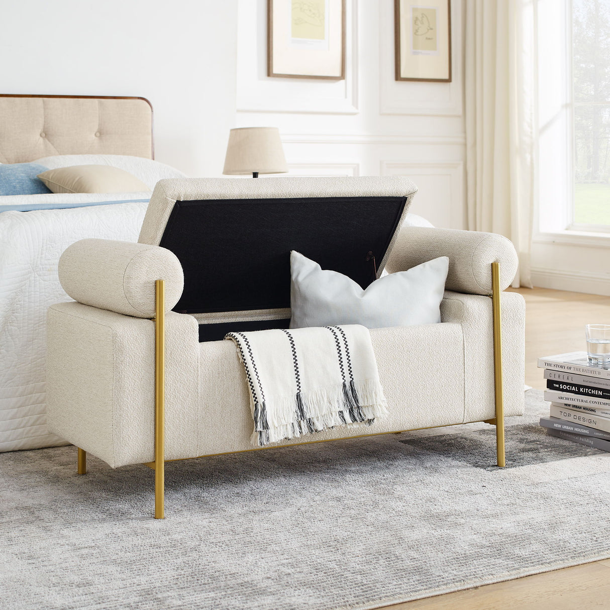 Elegant Upholstered Storage Bench With Cylindrical Arms And Iron Legs,