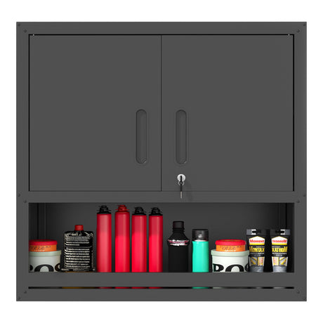 Wall-Mounted Storage Cabinet With Locking Door, 1 Shelf And Open Drawer - Black