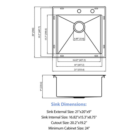 21" Drop In Kitchen Sink With Pull Out Faucet And Sink Cover, 16 Gauge - Brushed Nickel