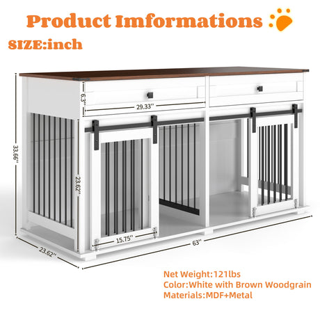 Large Dog Crate, Water Resistant Indoor Pets Furniture Double Dog Crates - Brown White