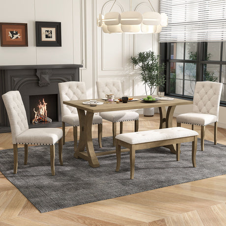 Dining Table Set With 4 Upholstered Chairs And Bench