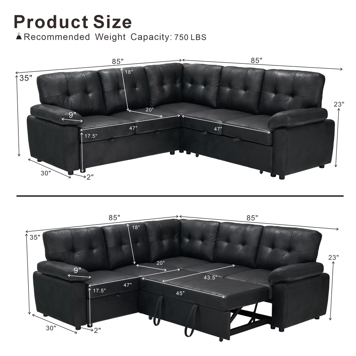 Convertible Sectional Sofa Bed With Pull Out Sleeper And Storage