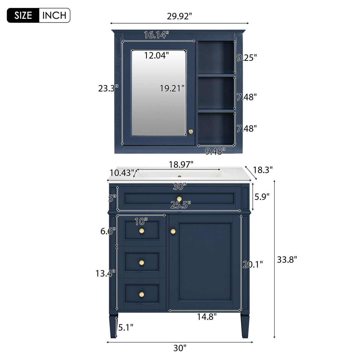 Bathroom Vanity With Medicine Cabinet, Royal Mirror Cabinet, Modern Bathroom Storage Cabinet With 2 Soft Closing Doors And 4 Drawers