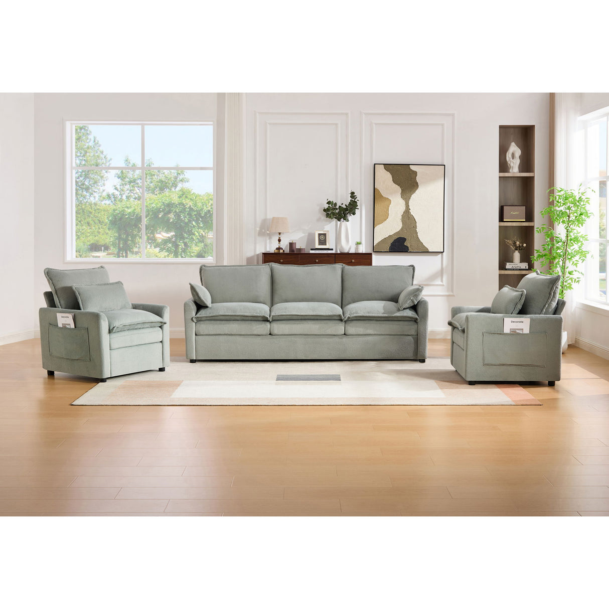 Modern Sofa Set With Double Layer Cushion And Side Storage Pockets