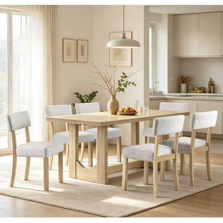 7 Piece Dining Table Set For 6, Rectangular Table With 6 Upholstered Chairs, Sturdy U - Shaped Base For Dining Room - Light Oak