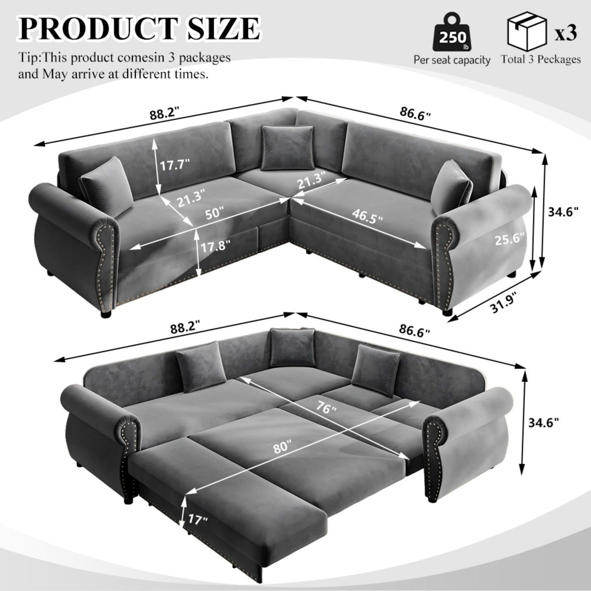 L-Shaped Sofa Couch With Pull-Out Bed