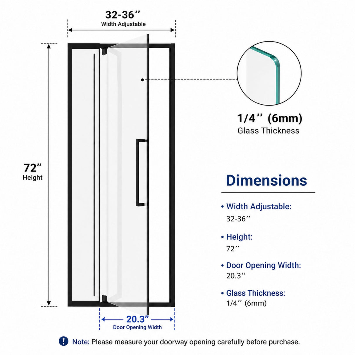 Semi-Frameless Pivot Hinged Shower Door, Reversible Design