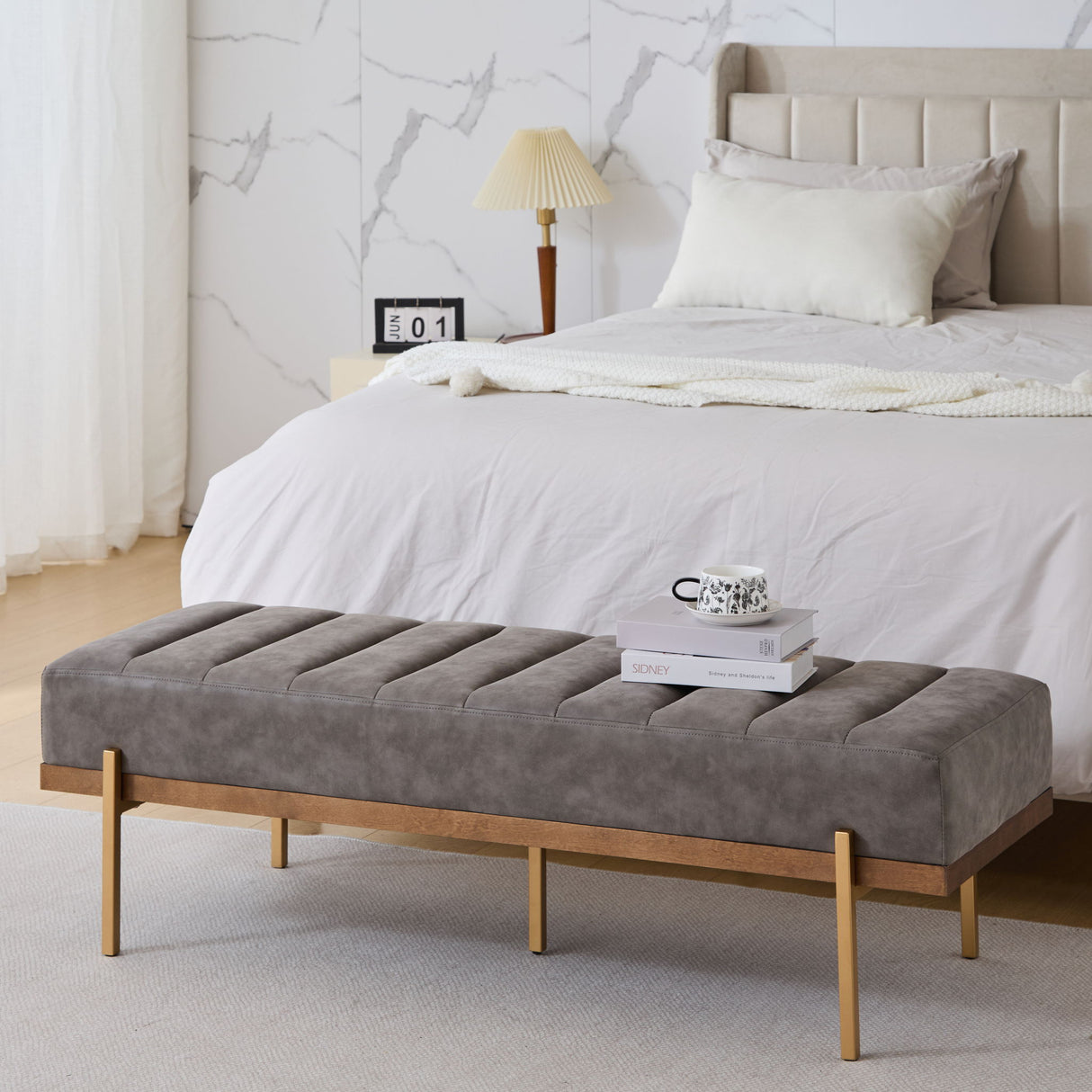 Thorian - Luxury Upholstered Ottoman Bench With Channel Tufting And Metal Base - Gold / Gray