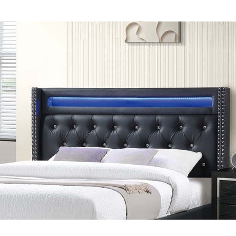 Modern Bed With LED Lights, Charging Port, Tufted Headboard