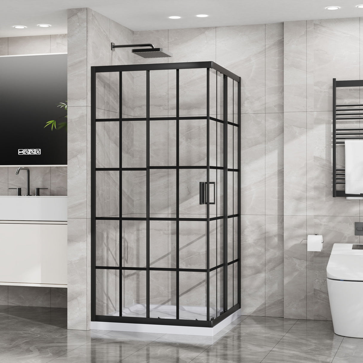 Corner Shower Door, Shower Enclosure With Dual Sliding Doors - Matte Black