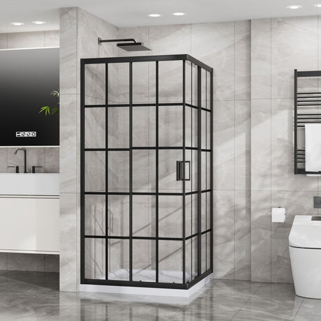 Corner Shower Door, Shower Enclosure With Dual Sliding Doors - Matte Black