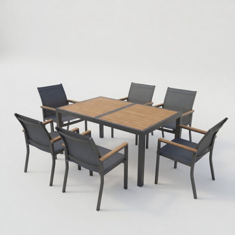 7 Piece Gray Aluminum Patio Dining Set With Textilene Chairs For Outdoor Living Frame With Accents, 59" Rectangle Table, All Weather Durable