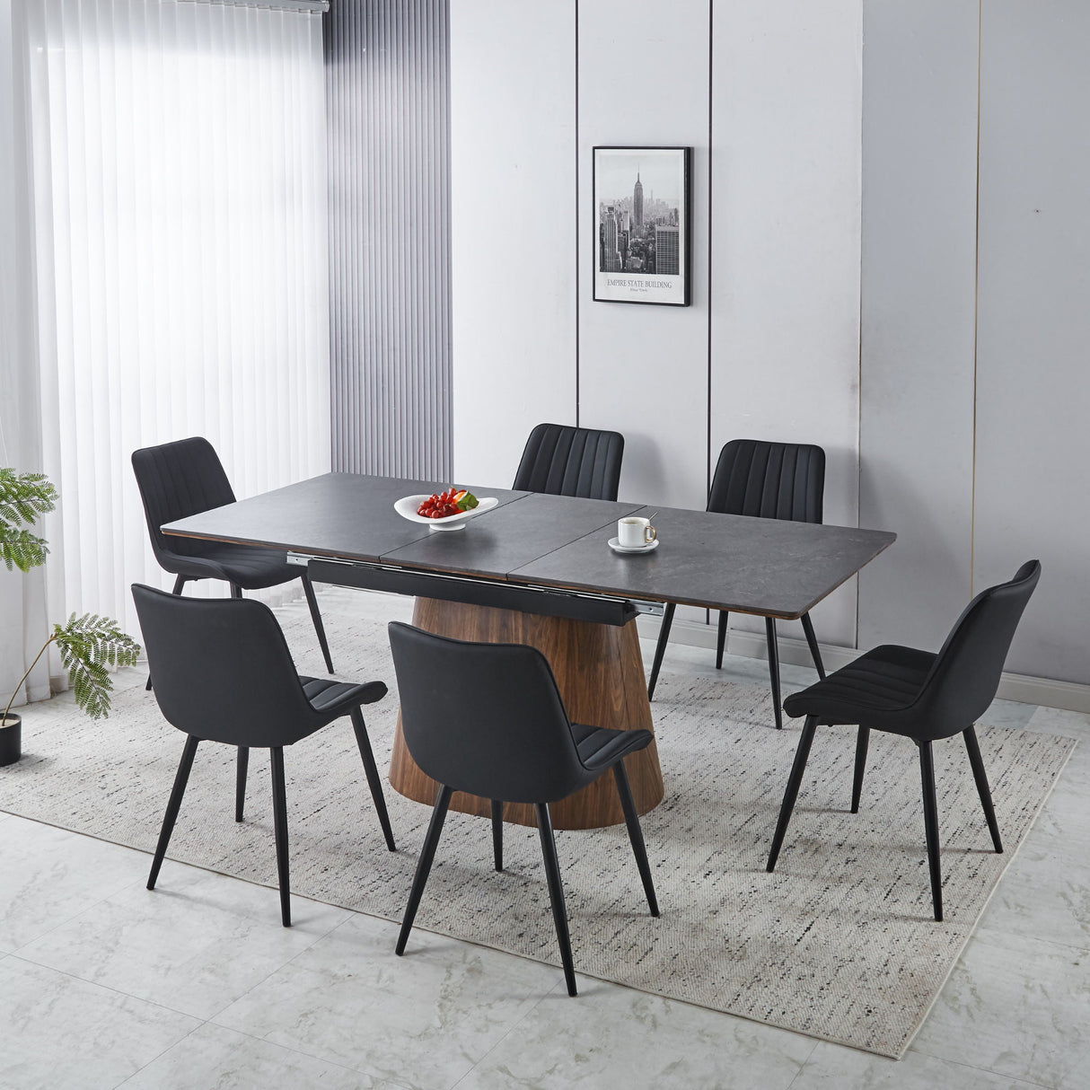 Extendable Dining Table With Cone Base And 6 Dining Chairs - Brown / Black