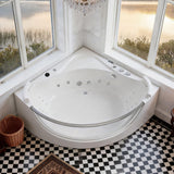 Korra - 2 Person Acrylic Corner Whirlpool Bathtub With Hydro Massage, Rainbow Light, Heater - Milk White