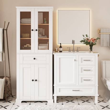 Bathroom Vanity & Tall Storage Cabinet Set With Doors, Adjustable Shelves, Soft Close Hinges, Sink