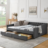Upholstered Tufted Daybed With 2 Drawers, Waved Arms