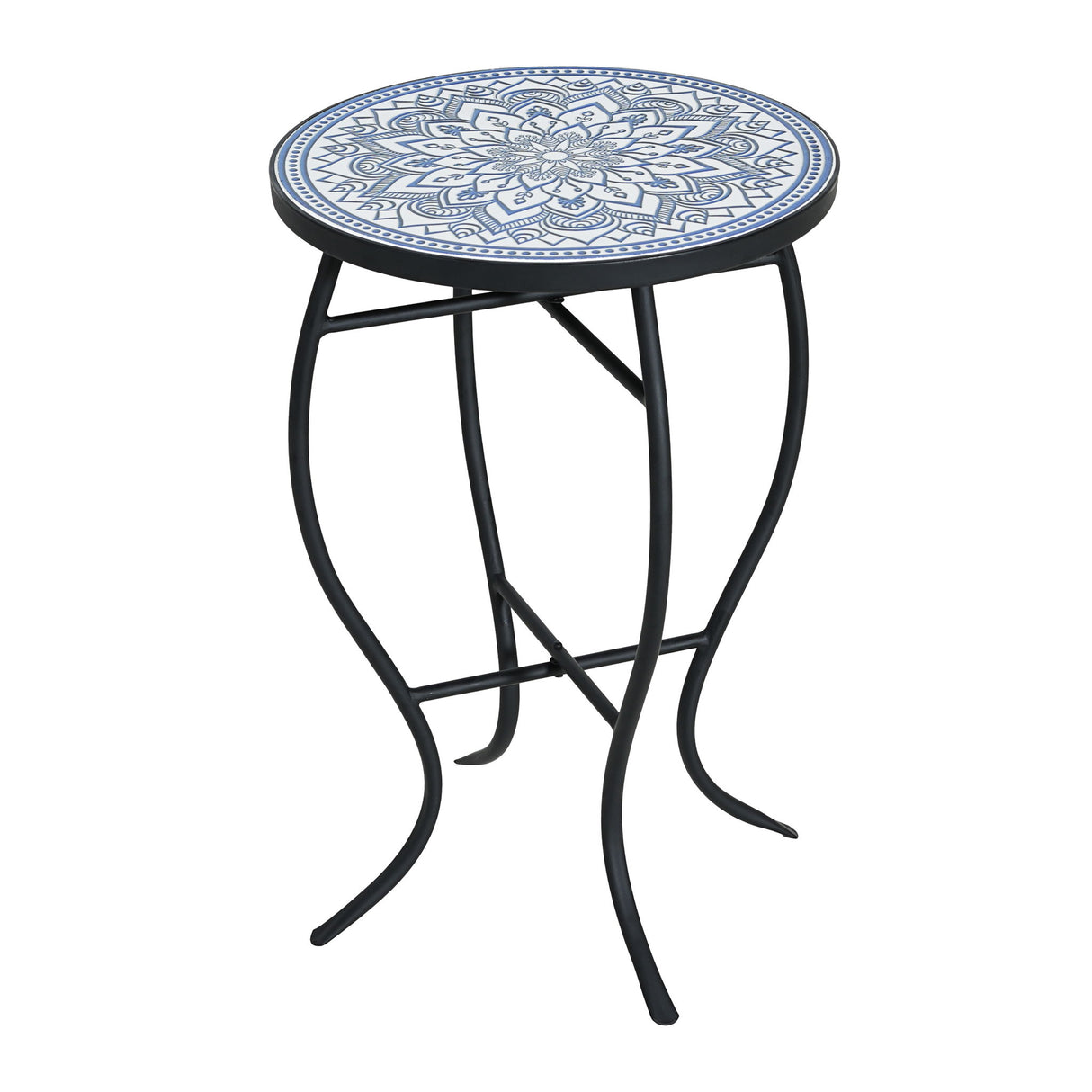 Outdoor Round Side Table With Mosaic Style Top And Curved Iron Legs