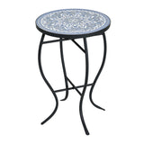 Outdoor Round Side Table With Mosaic Style Top And Curved Iron Legs