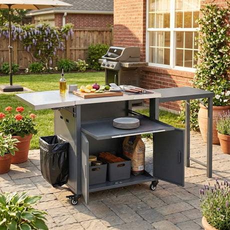 Foldable Outdoor Prep Station BBQ Cart With Trash Rack
