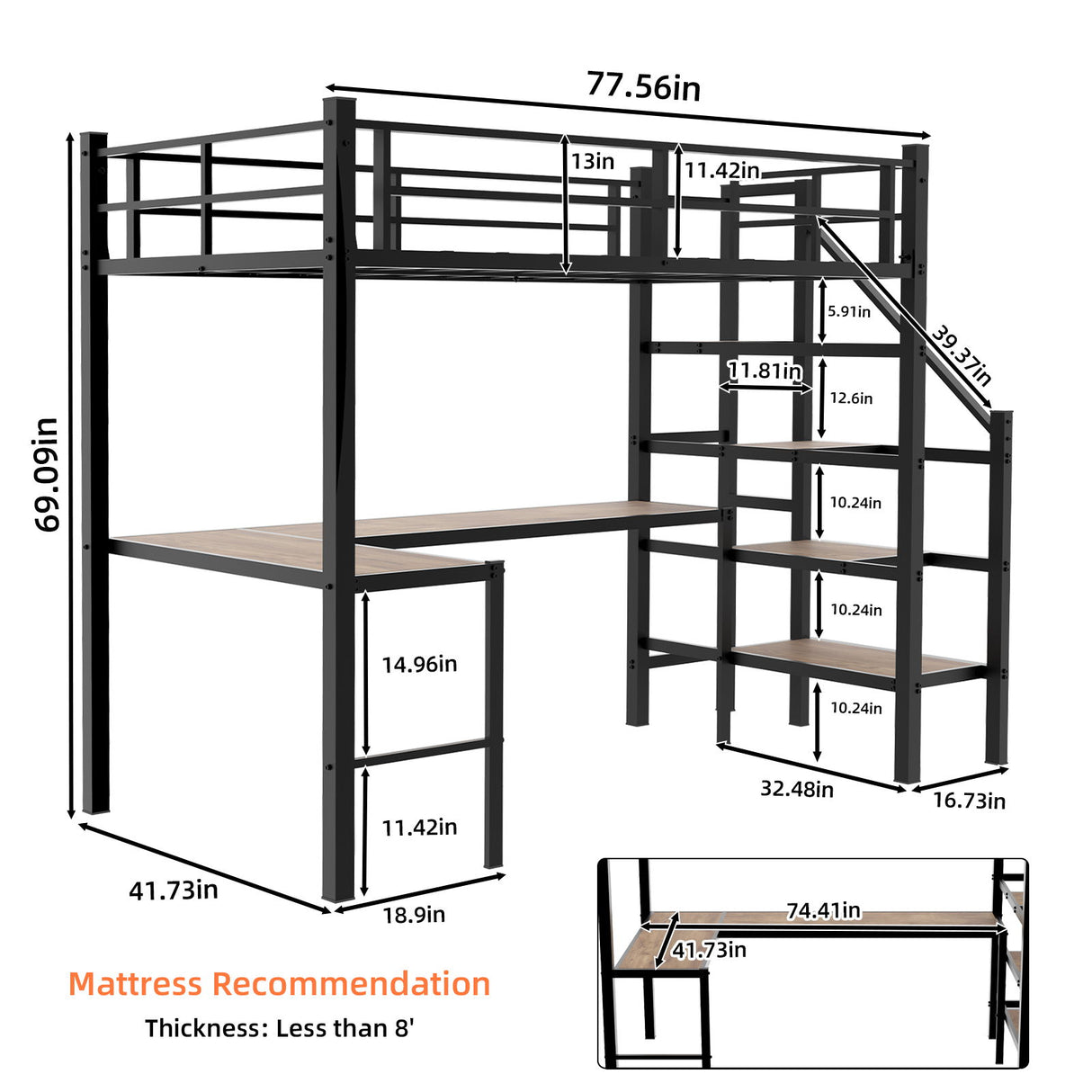 Loft Bed With L-Shaped Desk, Large Storage Space