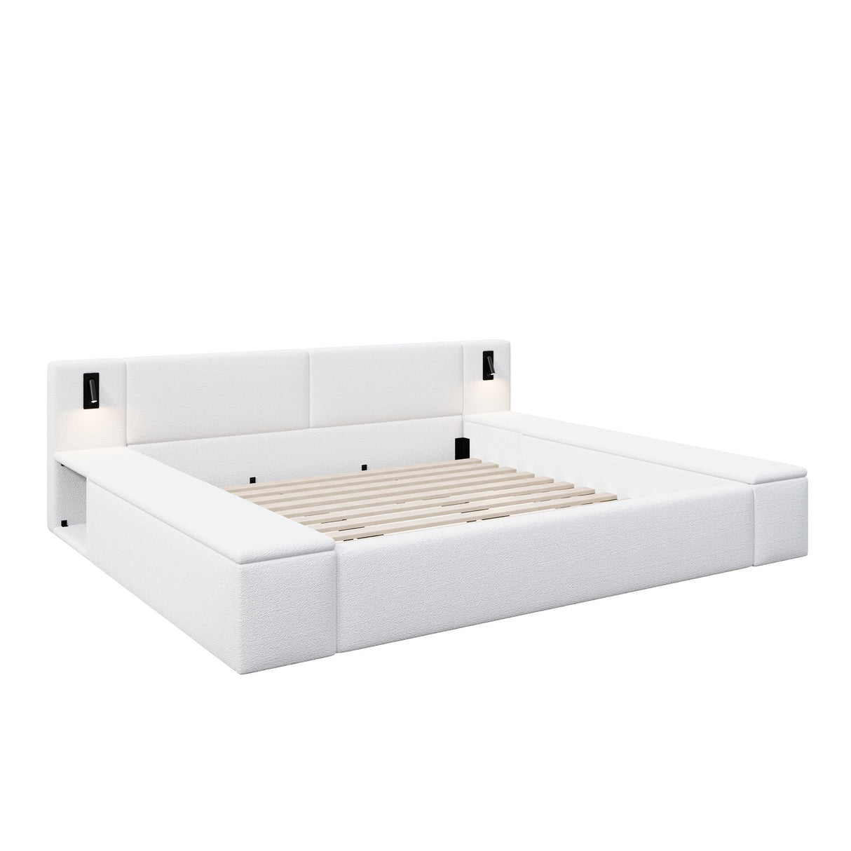 Upholstered Platform Bed Frame With Hidden Storage, Built-In Nightstands & LED Reading Lights