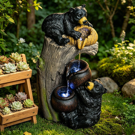 Bear Tree Stump Outdoor Water Fountain With LED Lights - Brown Gray
