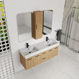 Floating Double Sink Bathroom Vanity Set With Tall Linen Cabinet, Drawers And Doors, Extra Large Storage, Integrated Sink, Soft Close Hardware - Glossy White / Light Oak