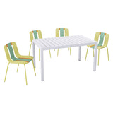 4 Piece Set Of Striped Color Blocking Single Chairs & Long Table - Grain Yellow / Haze Green / Tropical Orange / White