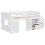Low Loft Bed With Stair, Drawer, And Shelf