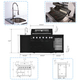 6 Burner 85, 000 Btu Outdoor Kitchen Island Grill With Wine Cooler Refrigerator, Rotisserie Kit, Granite Countertops & Sink - Black