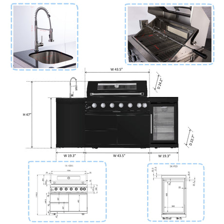 6 Burner 85, 000 Btu Outdoor Kitchen Island Grill With Wine Cooler Refrigerator, Rotisserie Kit, Granite Countertops & Sink - Black