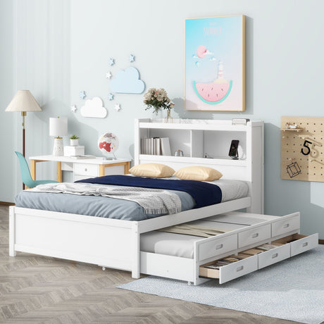 Platform Bed With Trundle, Drawers, USB Ports And Built In Shelves