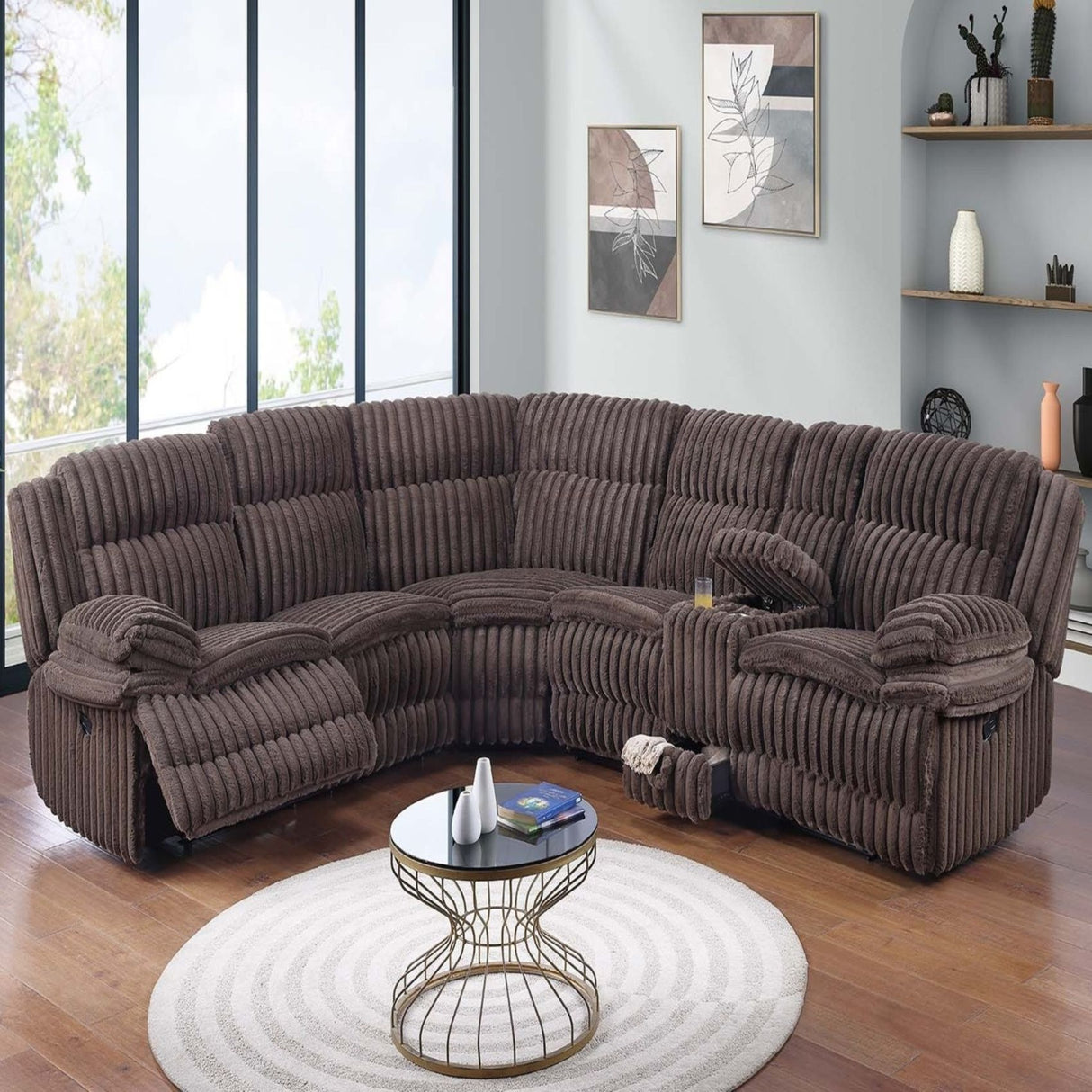 U-Shaped Sectional Sofa With Console Cup Holder, Storage Drawer, Manual Reclining
