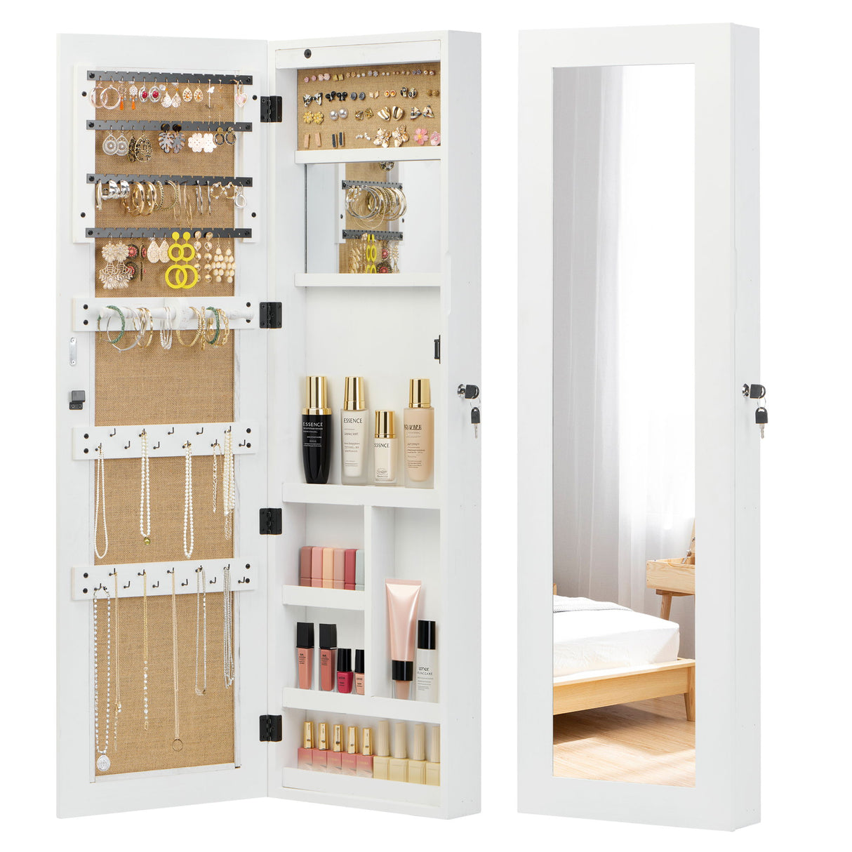 Jewelry Armoire Organizer With Full Length Mirror, Wall Mounted Lockable Cabinet With LED Light